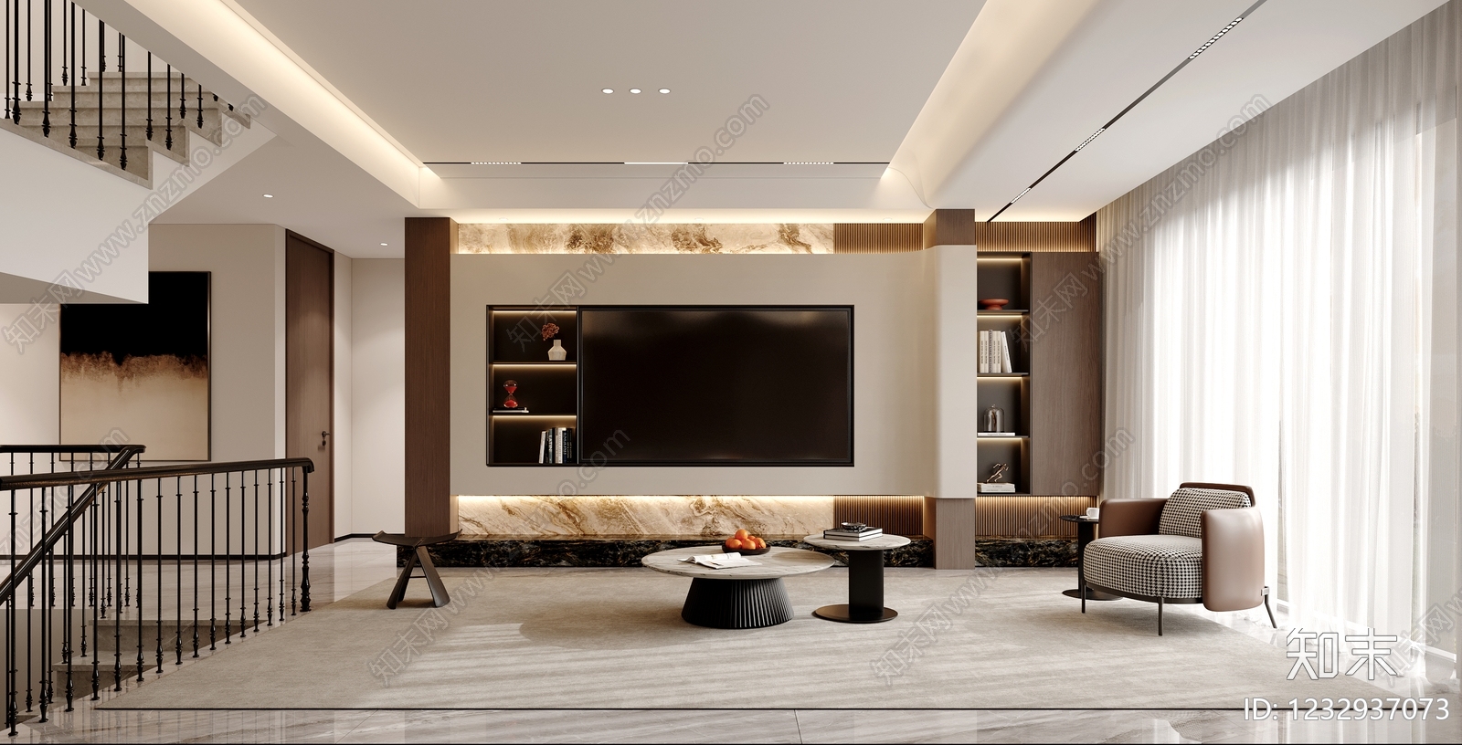 现代简约别墅客厅3D模型下载【ID:1232937073】