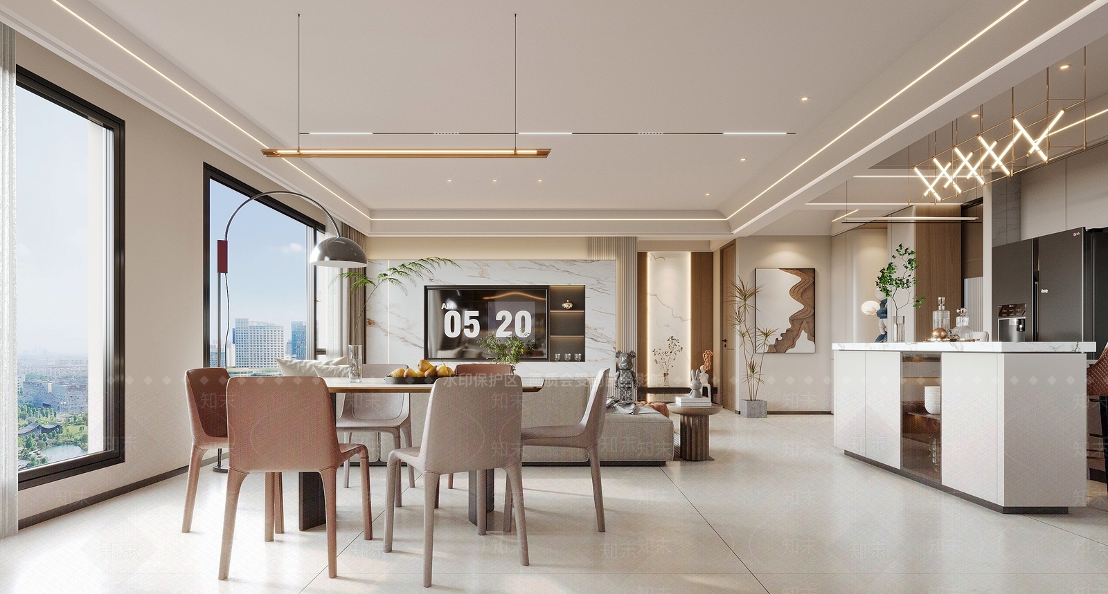 现代简约大平层客餐厅3D模型下载【ID:1232939282】