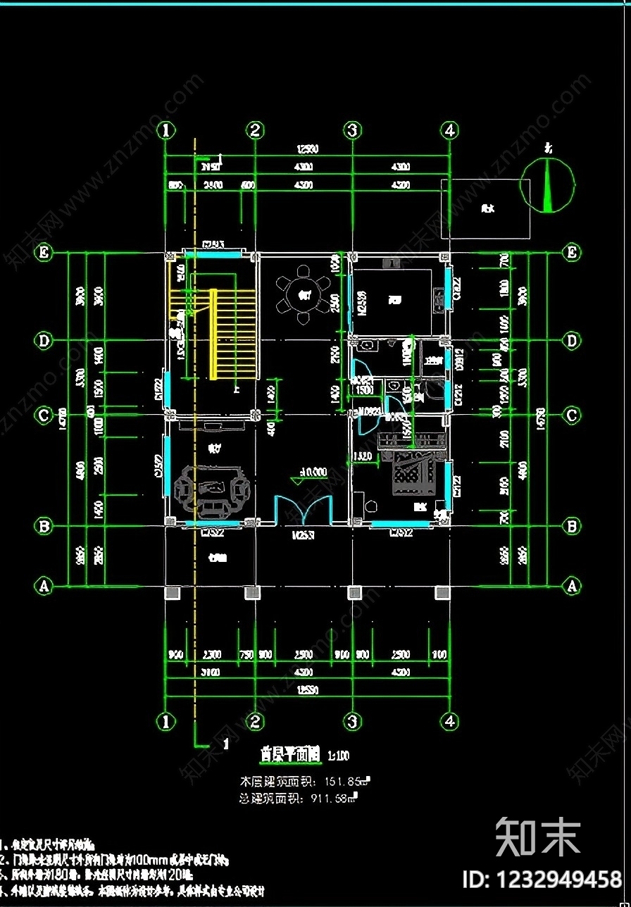 别墅建筑cad施工图下载【ID:1232949458】
