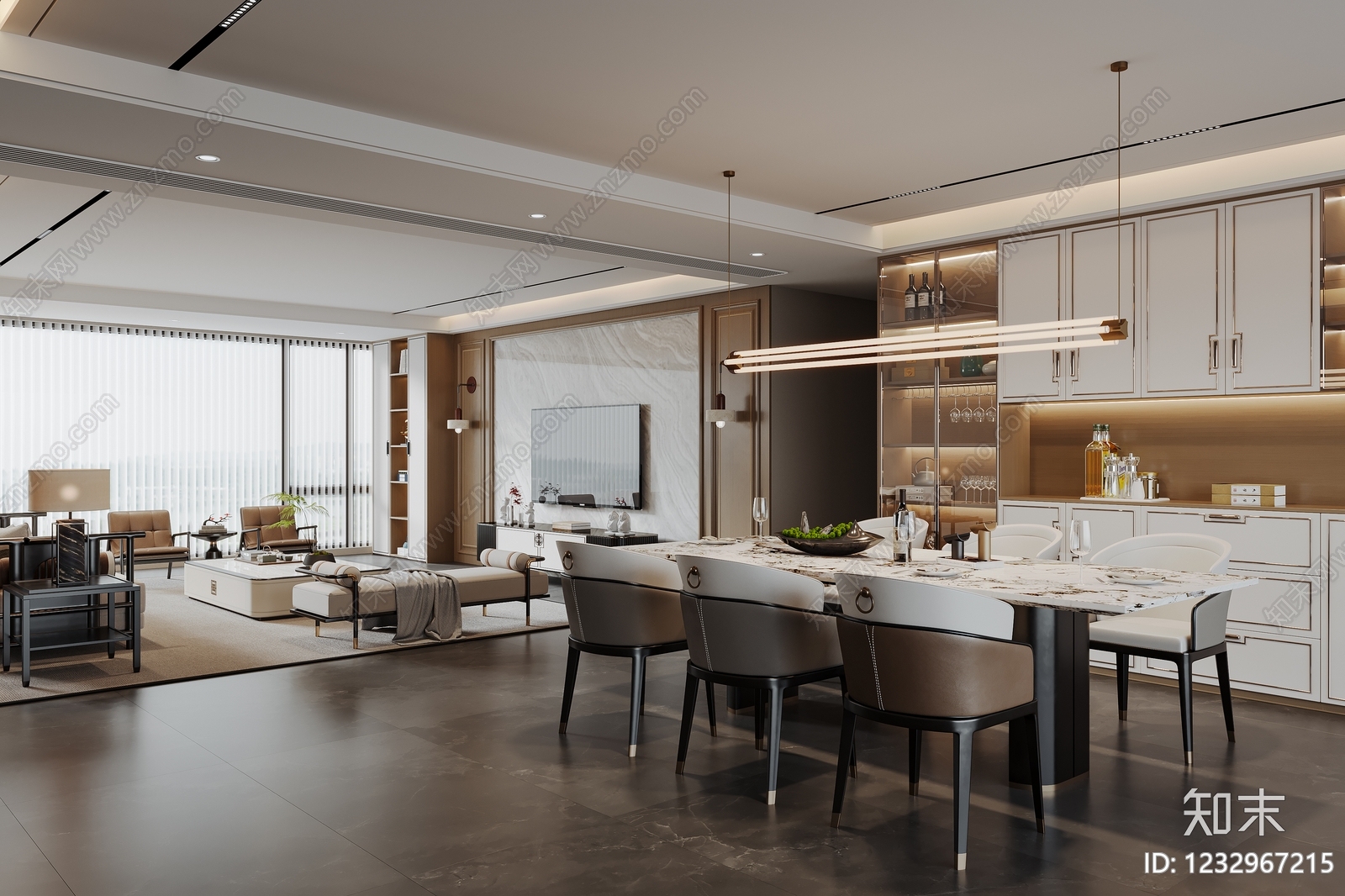 轻奢宋式客餐厅3D模型下载【ID:1232967215】