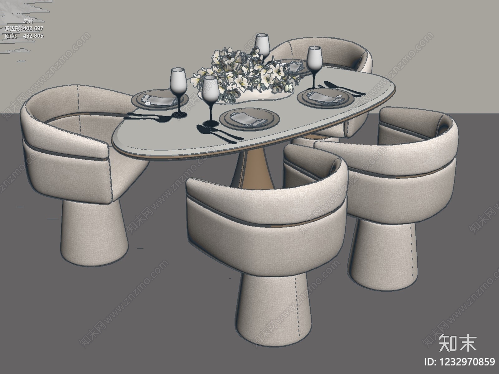 奶油风餐桌椅3D模型下载【ID:1232970859】