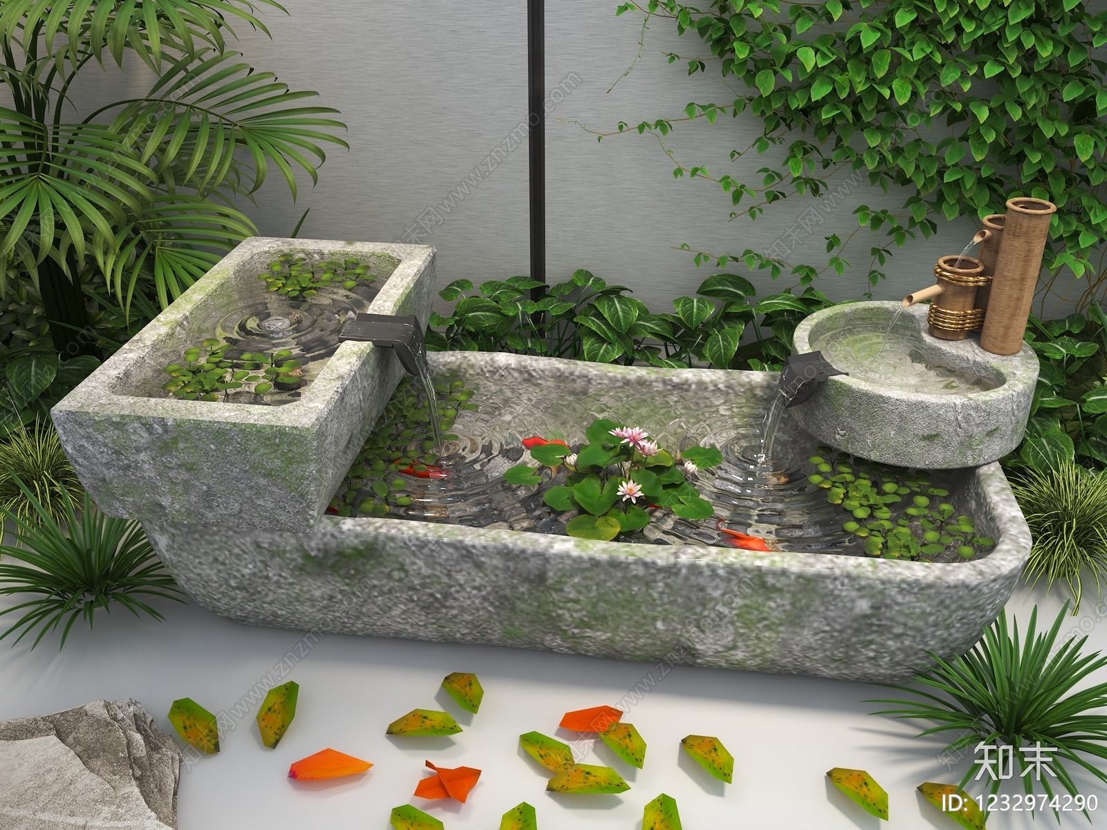 禅意鱼缸3D模型渲染效果图