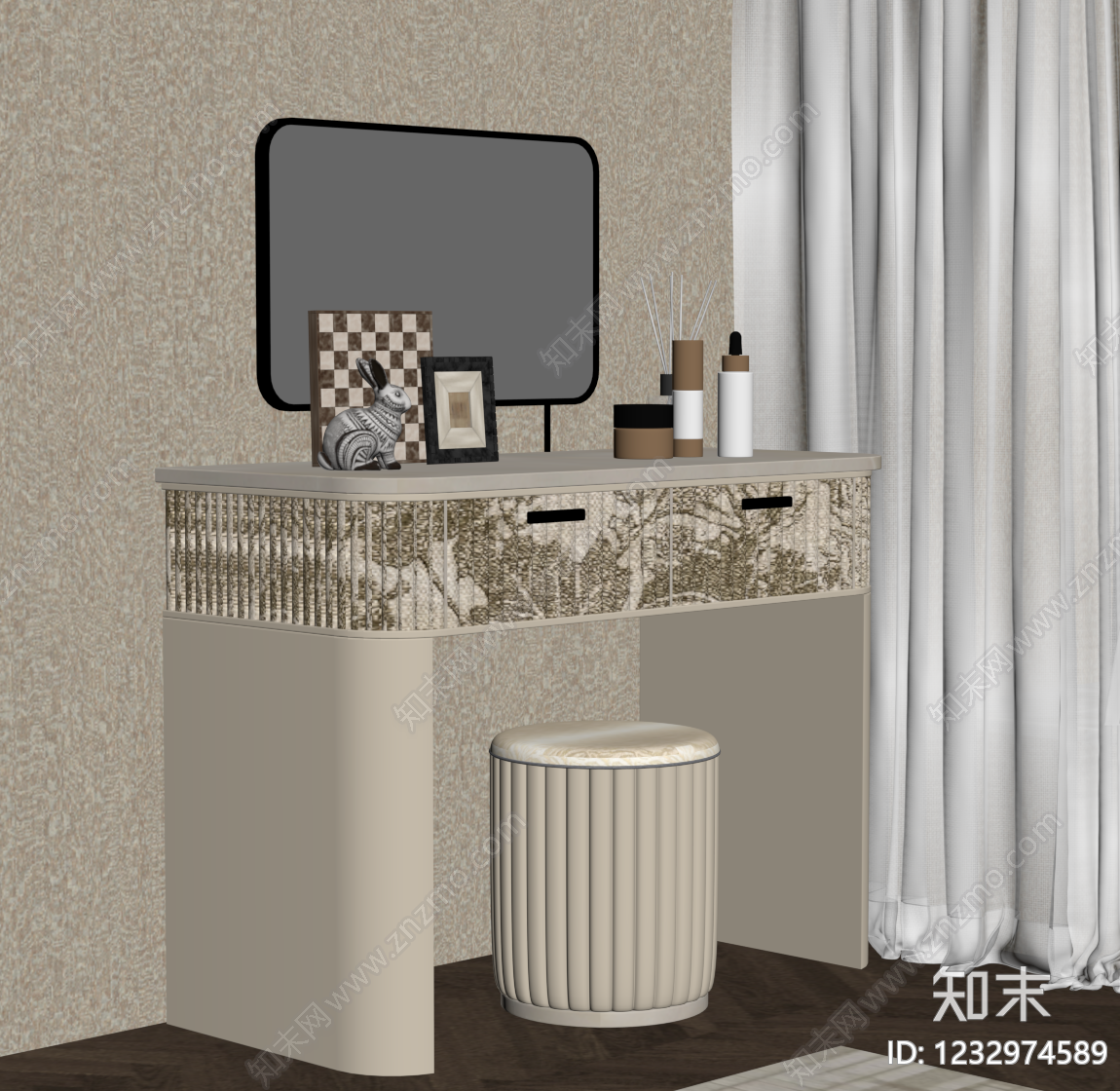 奶油风梳妆台SU模型下载【ID:1232974589】