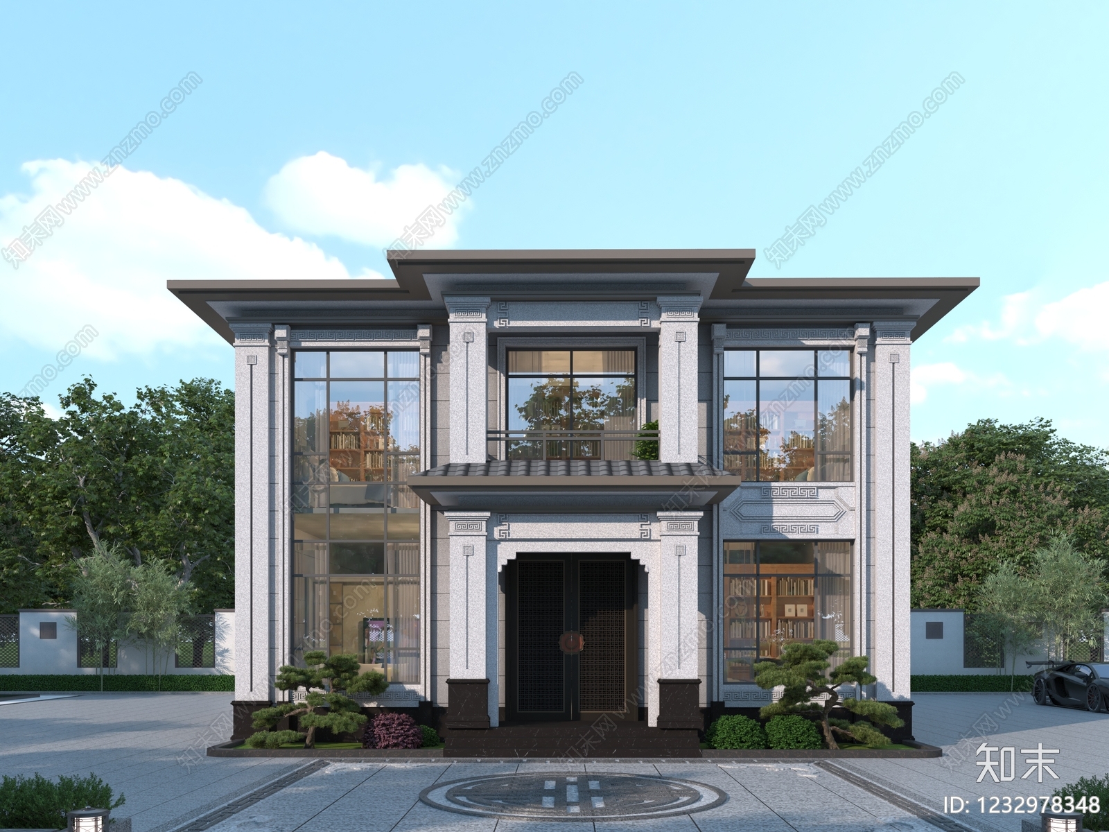 新中式别墅外观3D模型下载【ID:1232978348】