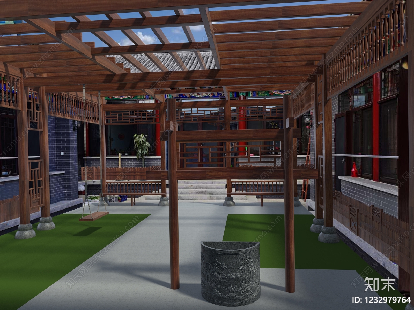 中式古建廊架空间3D模型下载【ID:1232979764】
