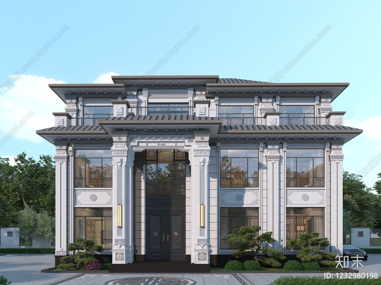 新中式别墅外观3D模型下载【ID:1232980198】