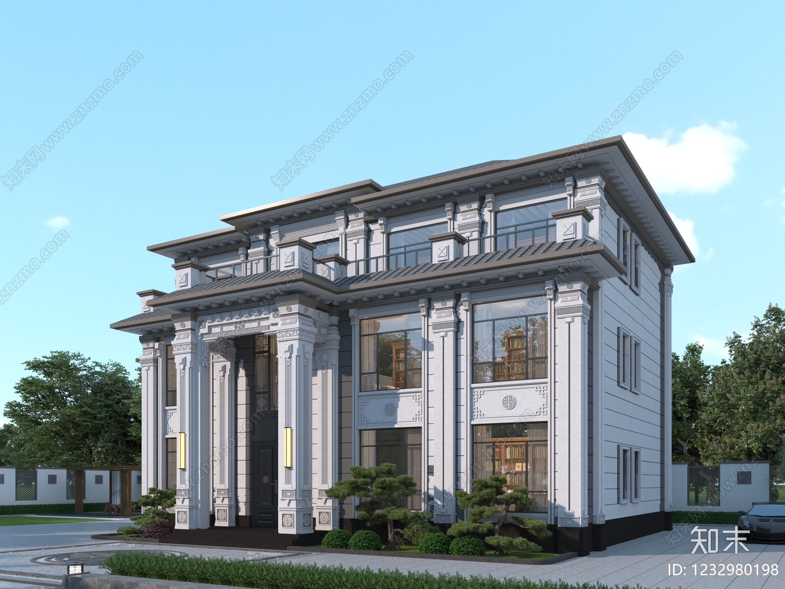 新中式别墅外观3D模型下载【ID:1232980198】