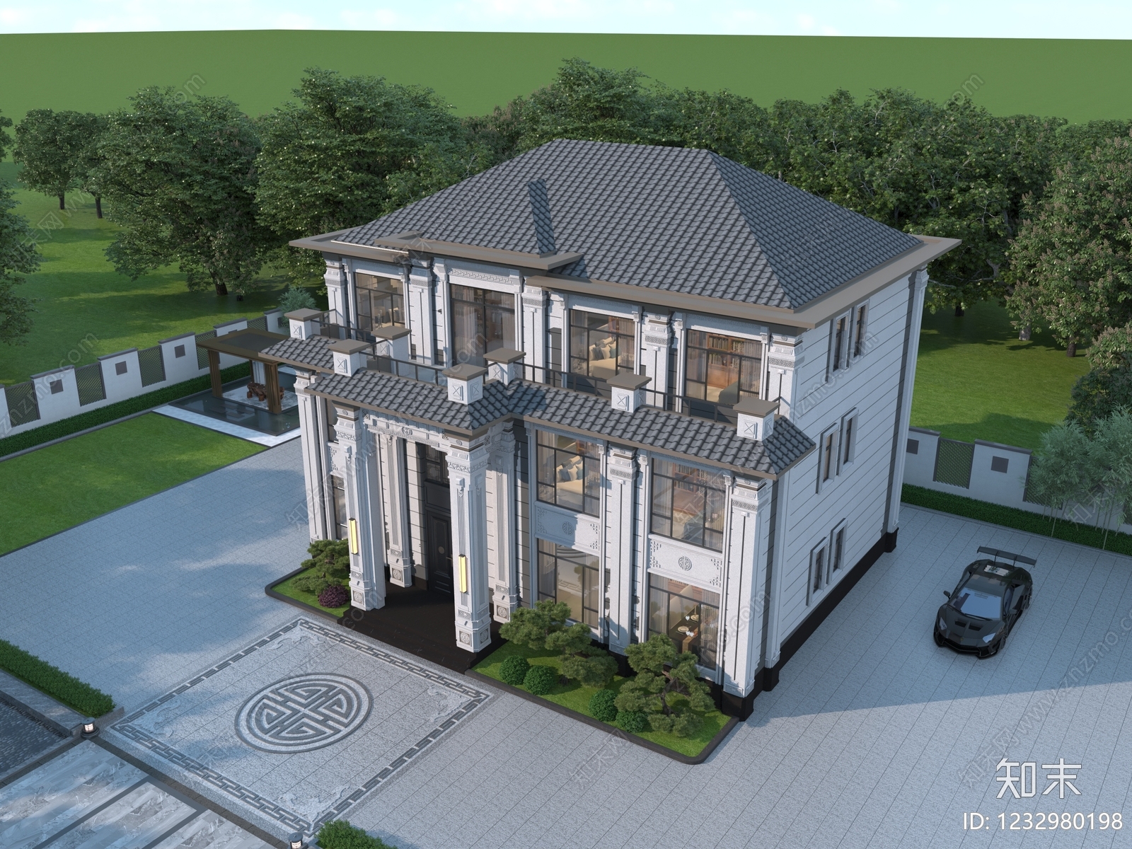 新中式别墅外观3D模型下载【ID:1232980198】
