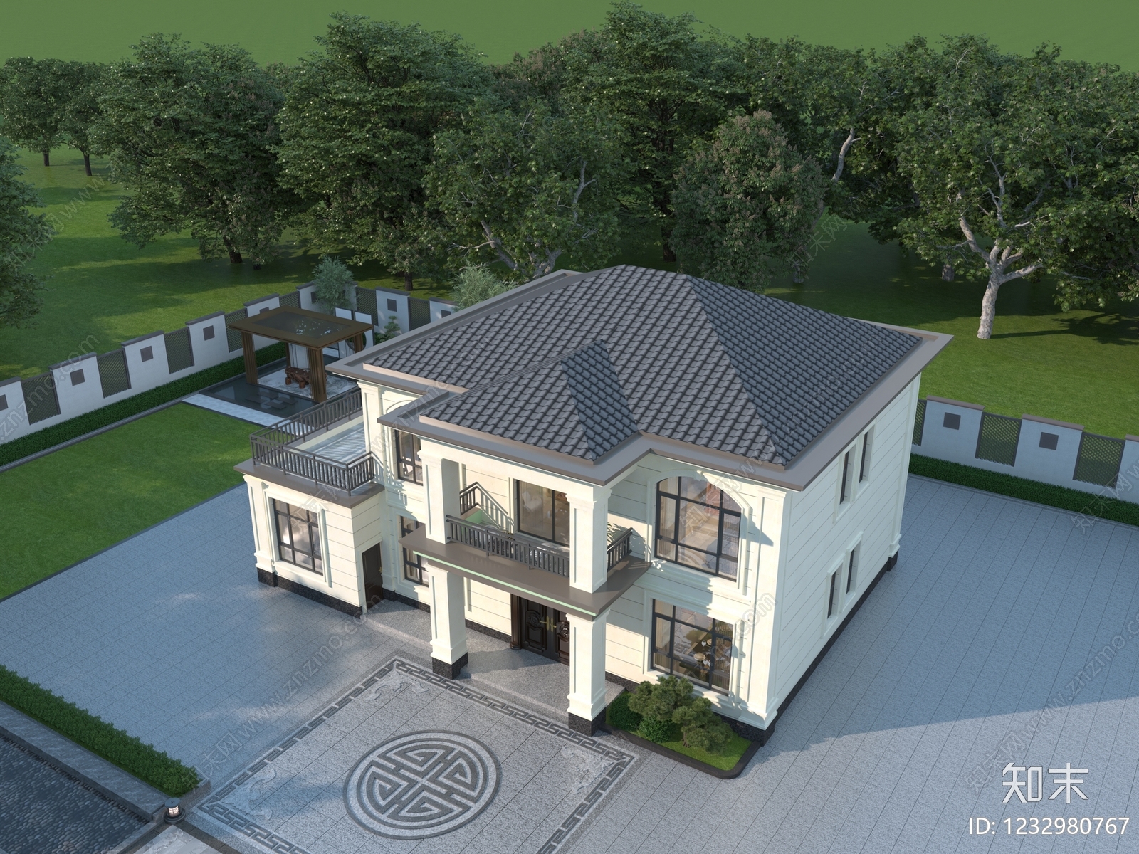 新中式别墅外观3D模型下载【ID:1232980767】