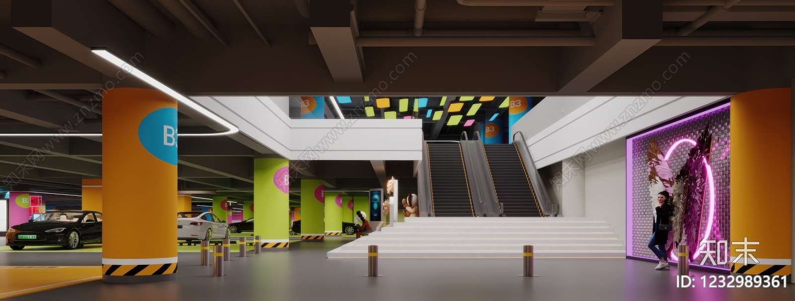 现代室内停车场3D模型渲染效果图