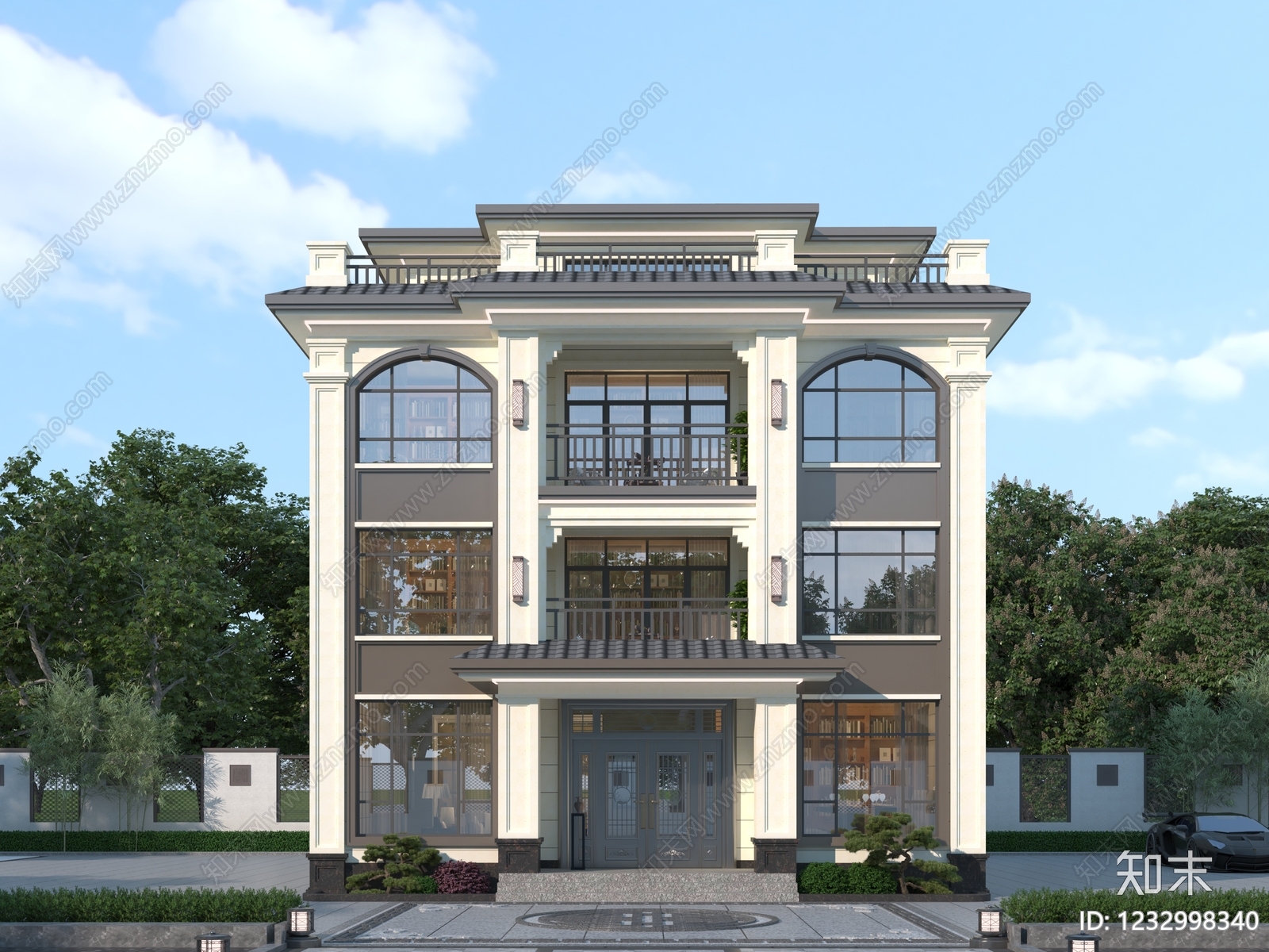 新中式别墅外观3D模型下载【ID:1232998340】