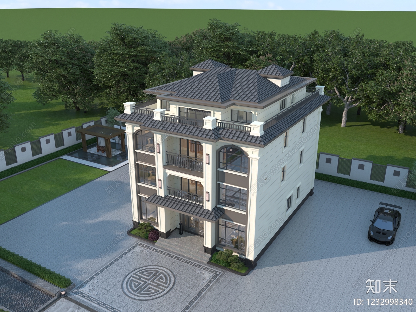 新中式别墅外观3D模型下载【ID:1232998340】