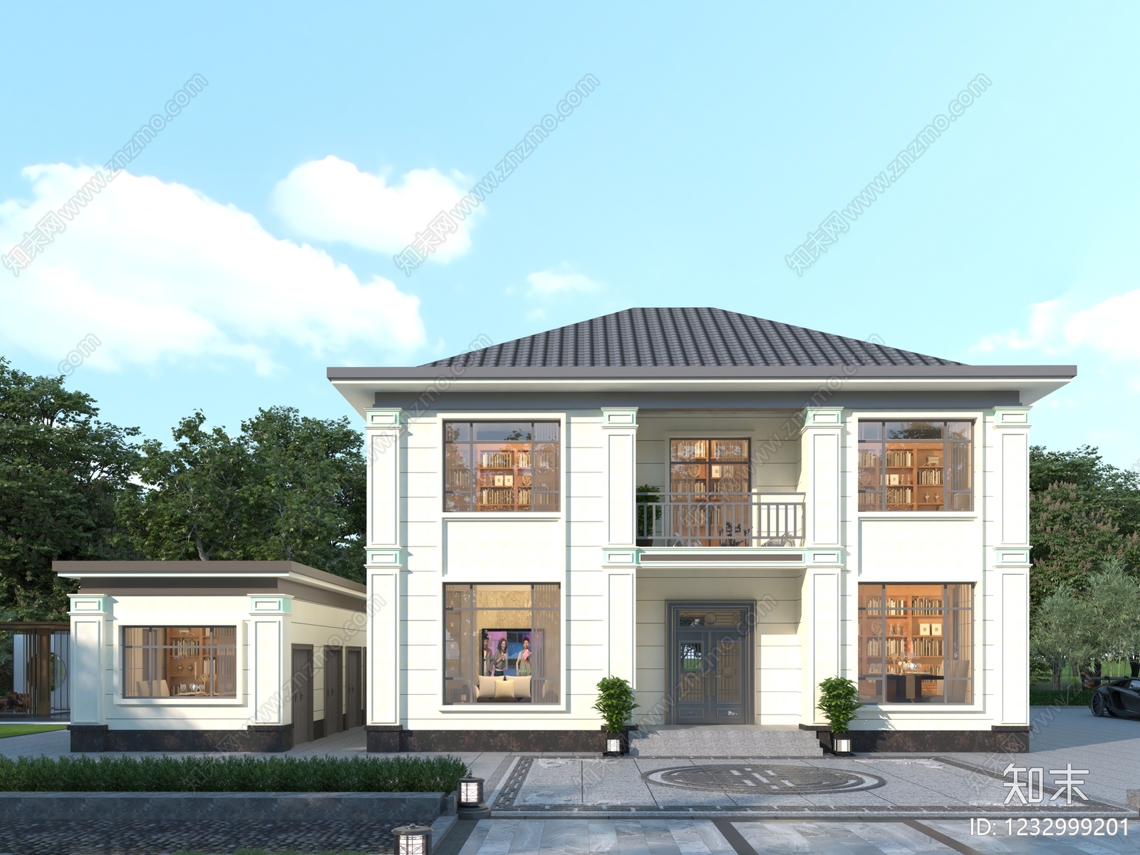 新中式别墅外观3D模型下载【ID:1232999201】