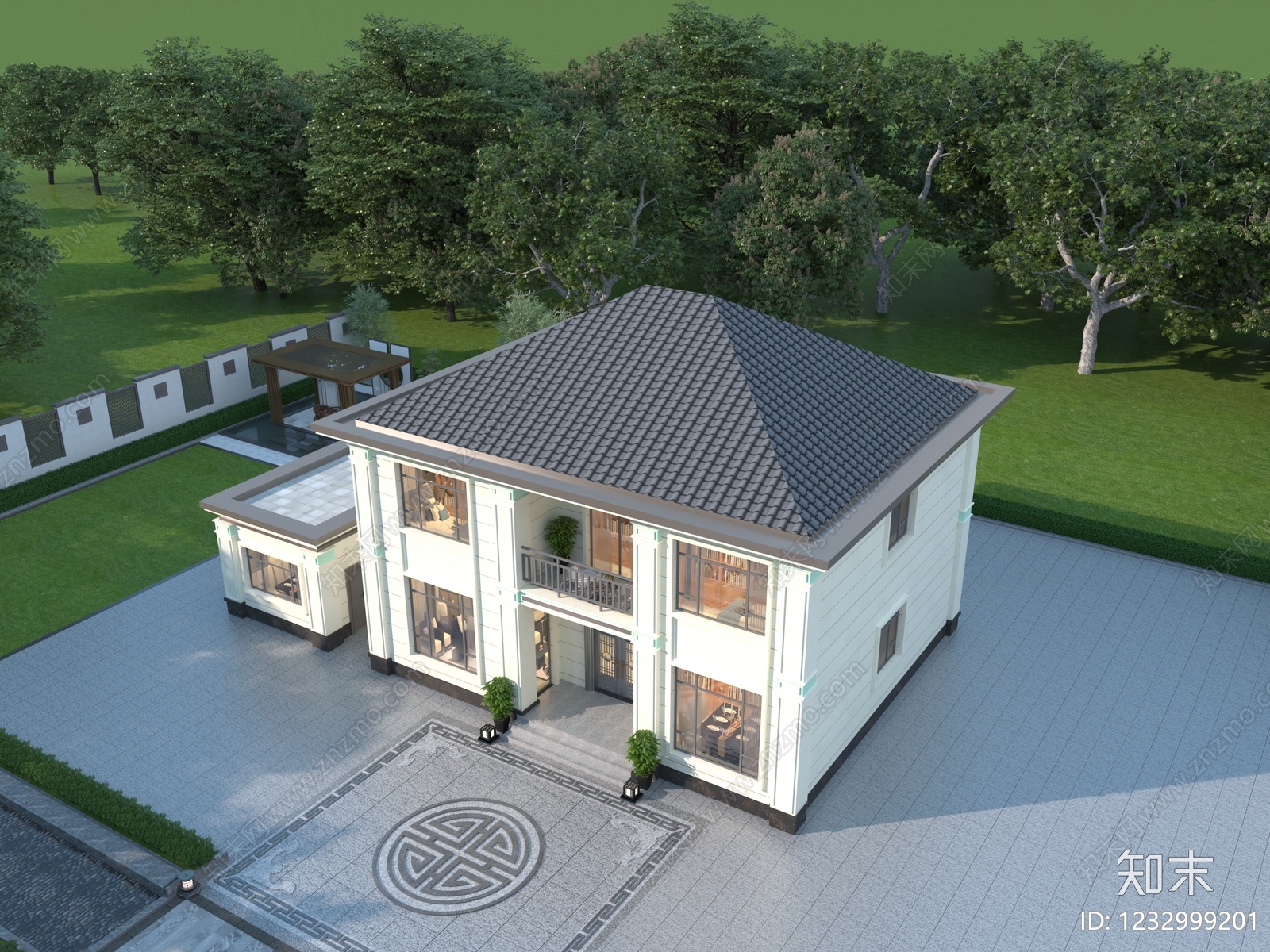 新中式别墅外观3D模型下载【ID:1232999201】
