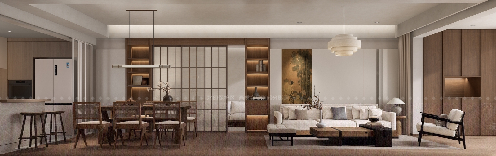 新中式客餐厅SU模型下载【ID:1233019737】