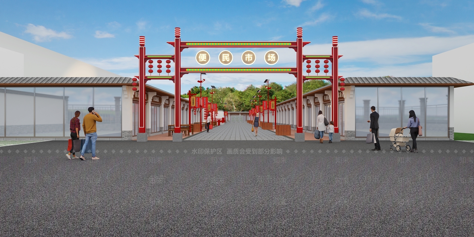 新中式景观农贸市场3D模型渲染效果图