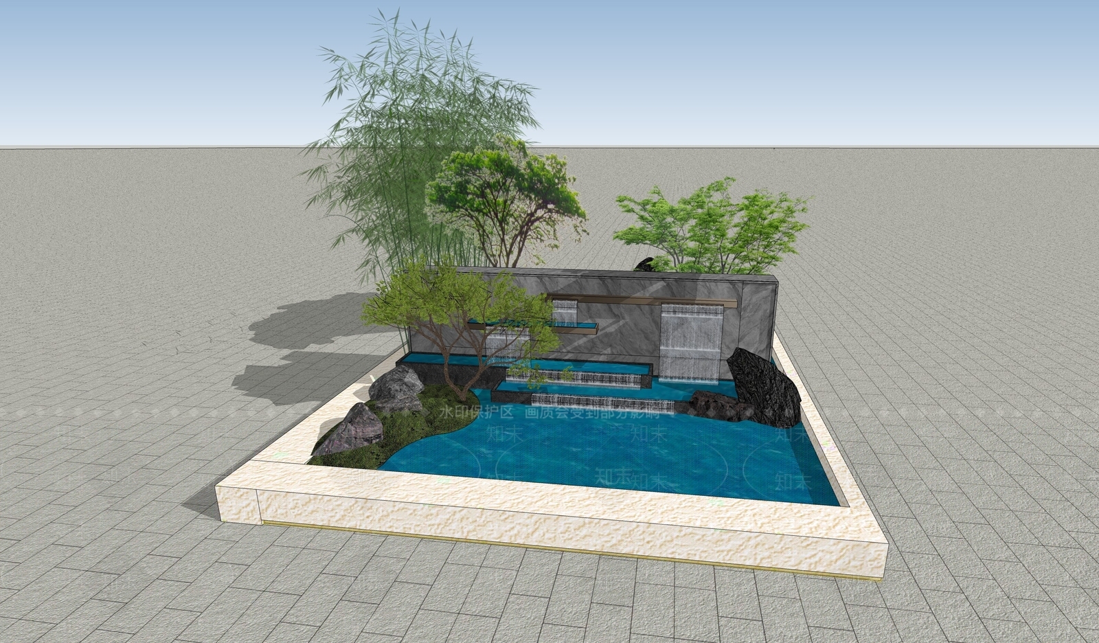 新中式景观景观水墙SU模型下载【ID:1233020733】