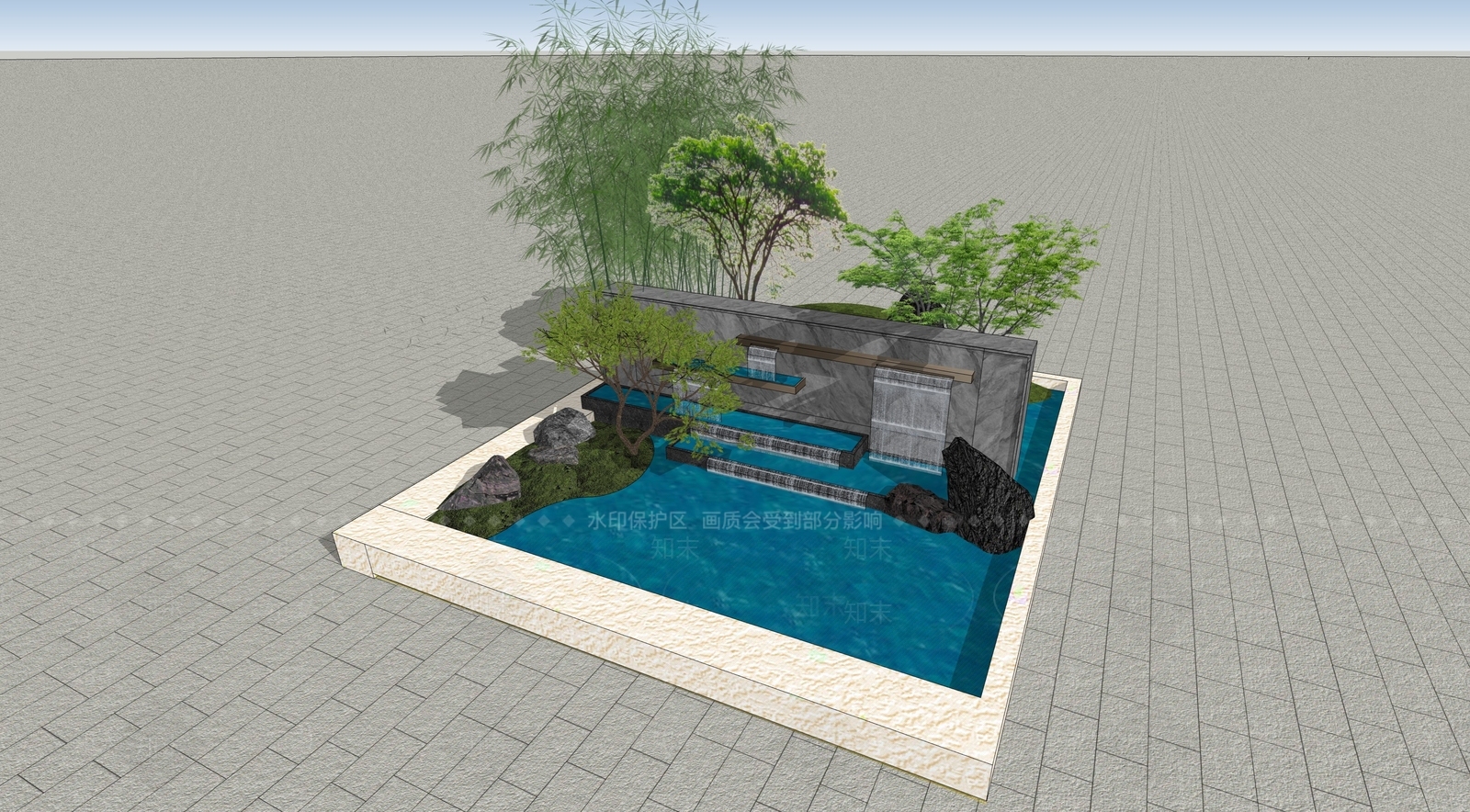 新中式景观景观水墙SU模型下载【ID:1233020733】