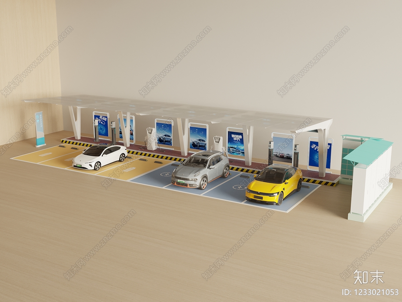 现代户外停车场3D模型渲染效果图
