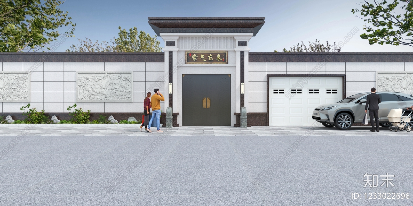 新中式景观大门3D模型渲染效果图