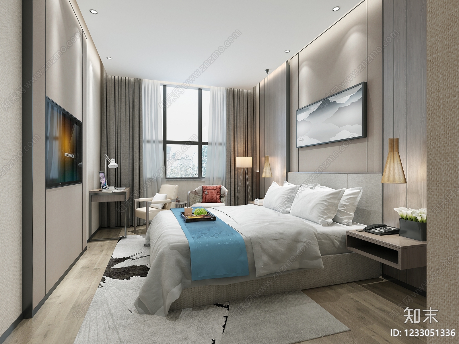 新中式酒店客房3D模型下载【ID:1233051336】