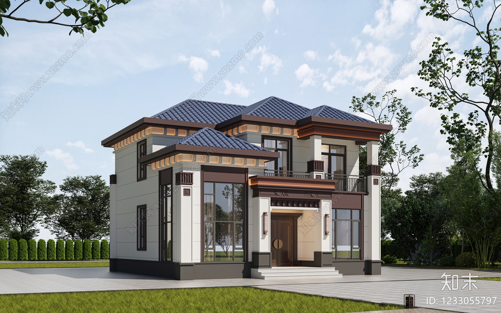 新中式别墅外观3D模型下载【ID:1233055797】