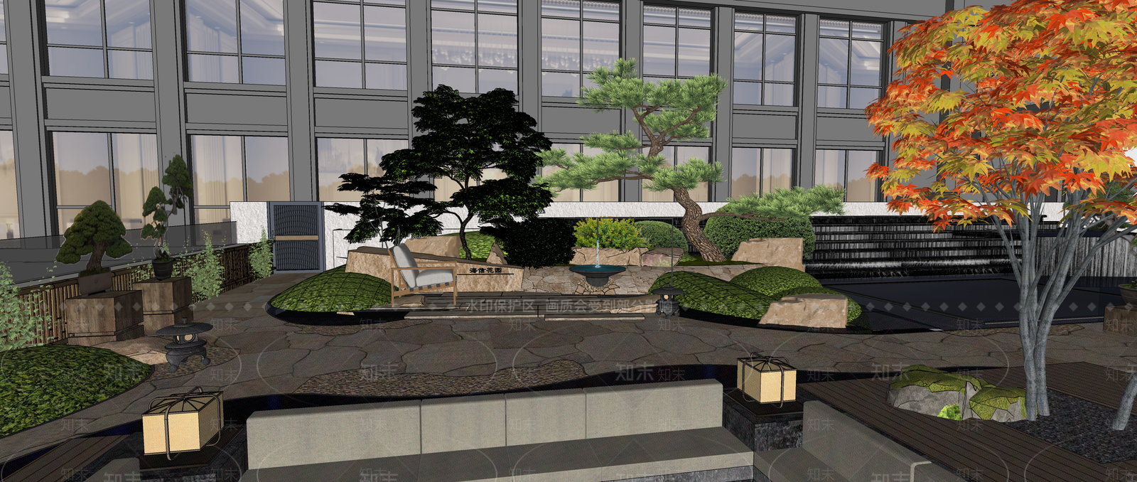 新中式景观屋顶花园SU模型下载【ID:1233081123】