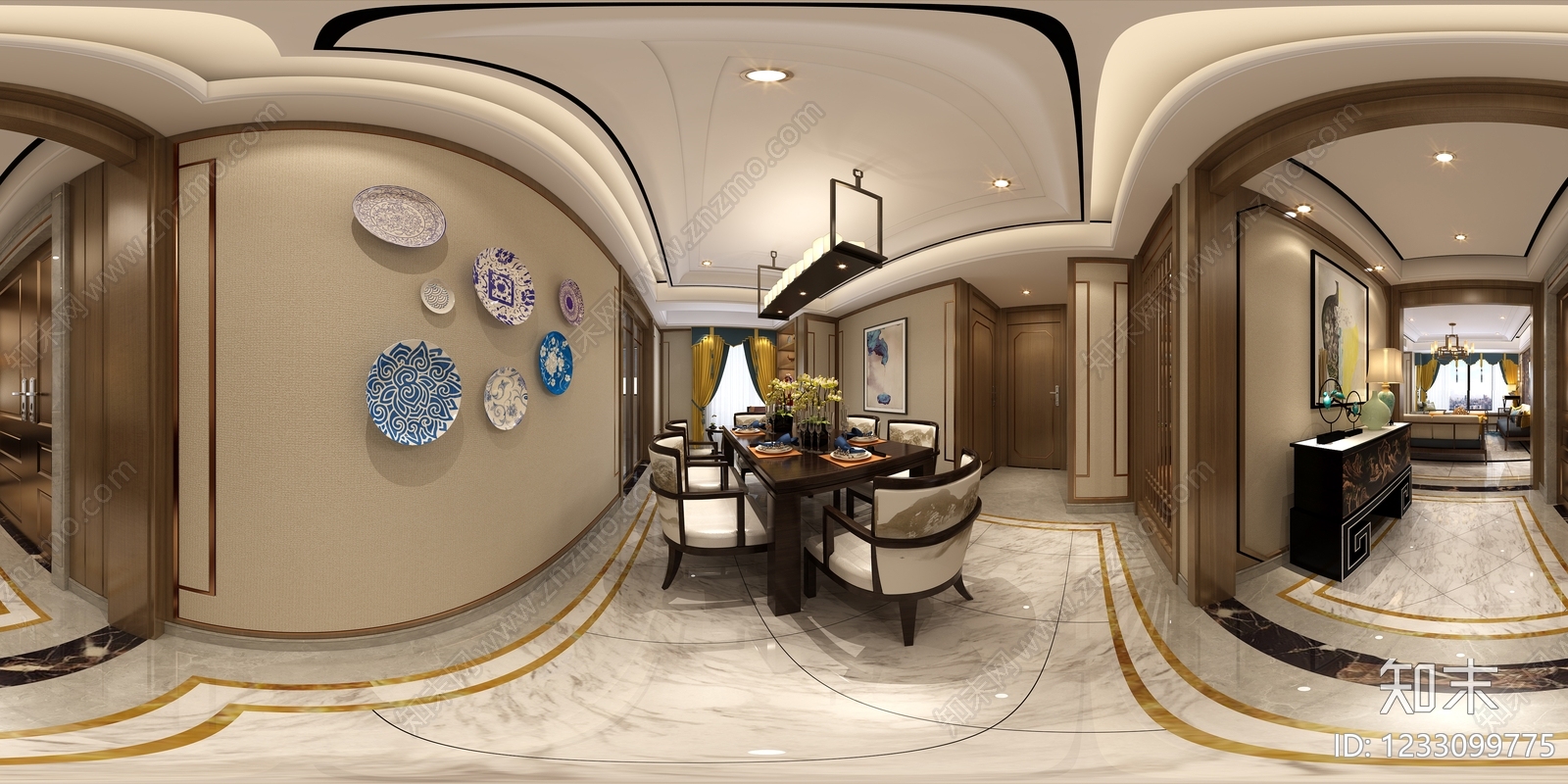新中式家居餐厅3D模型下载【ID:1233099775】