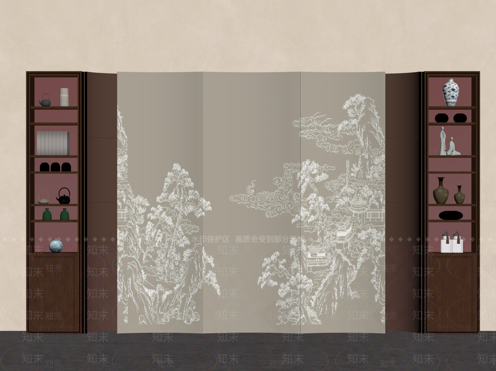 新中式背景墙SU模型下载【ID:1233100754】
