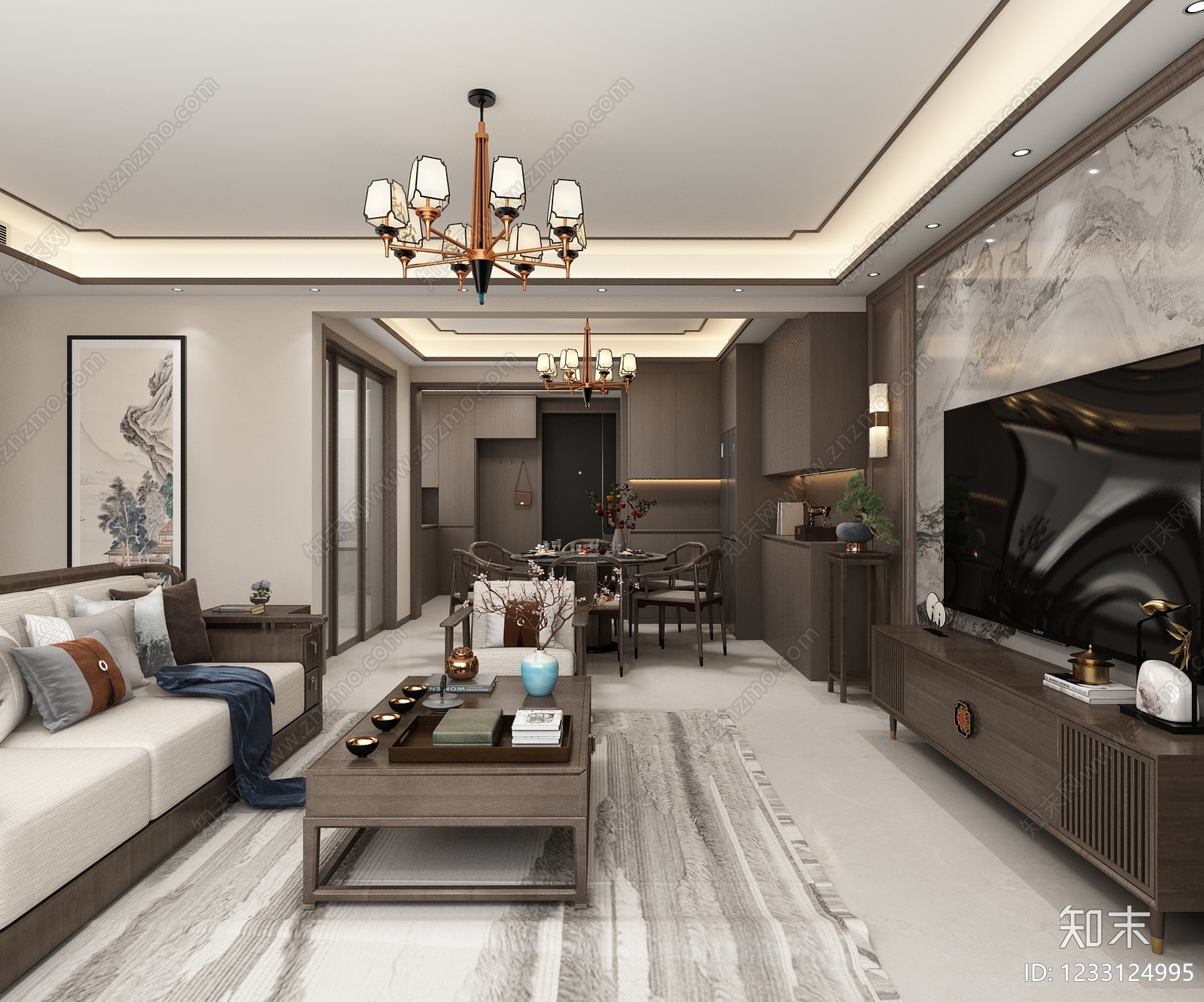 新中式宋式客餐厅3D模型下载【ID:1233124995】