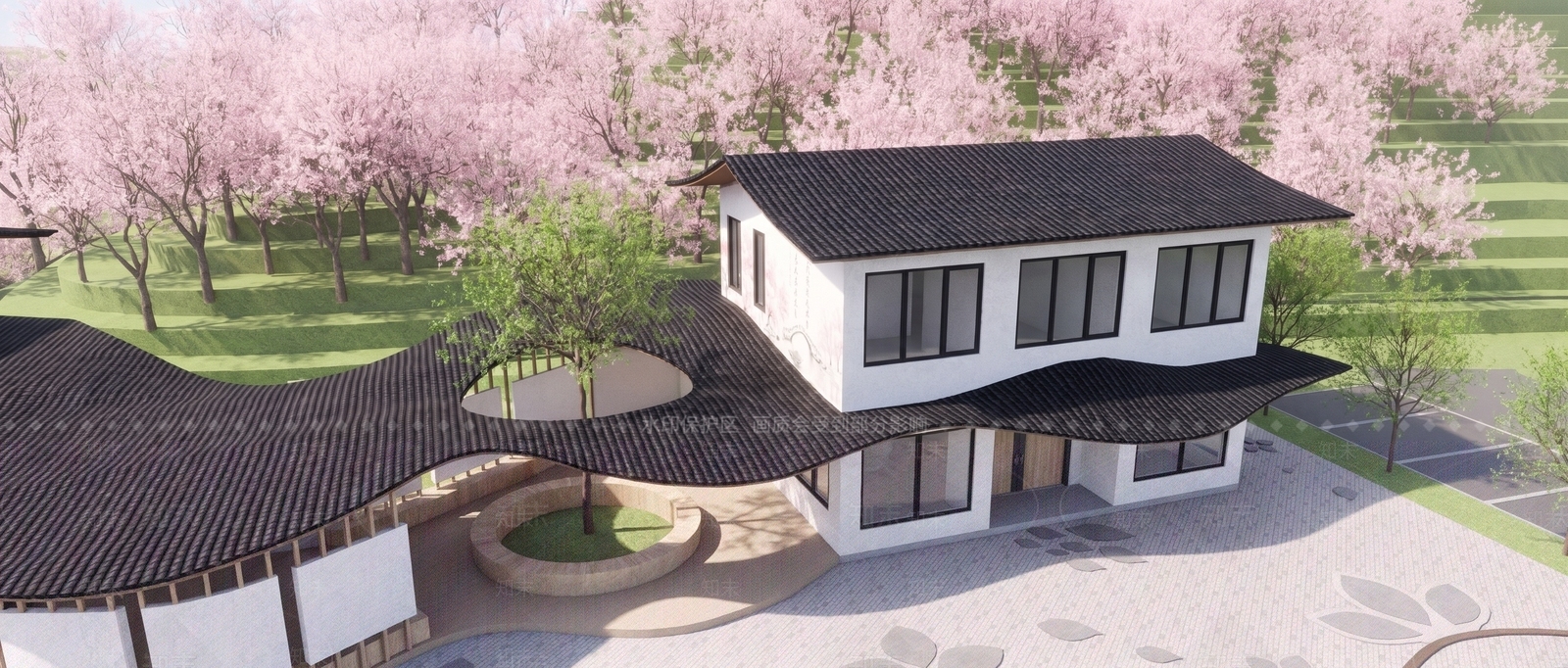 新中式景观民宿建筑SU模型下载【ID:1233129410】