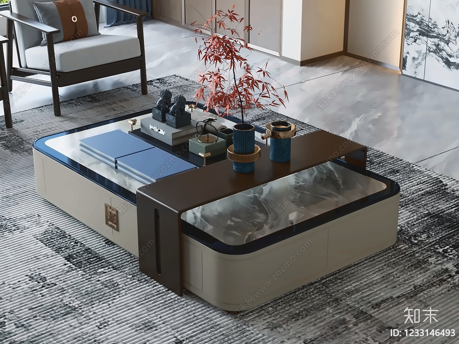 新中式茶几3D模型渲染效果图