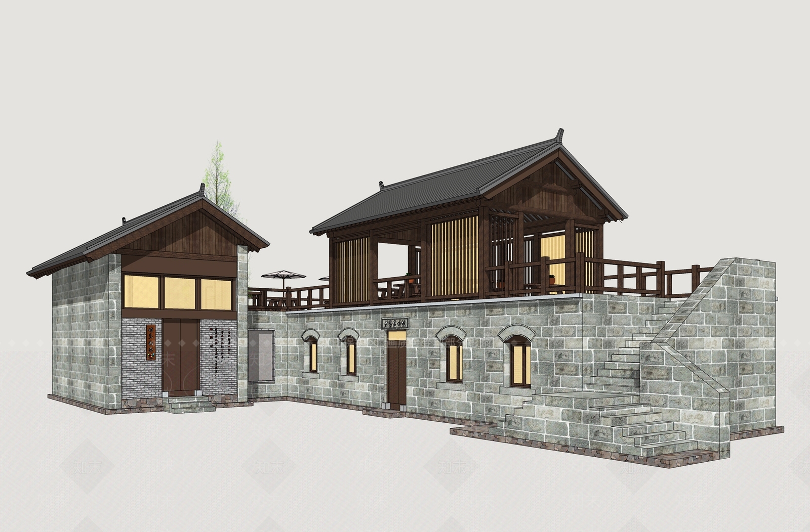 中式民宿建筑SU模型下载【ID:1233173414】