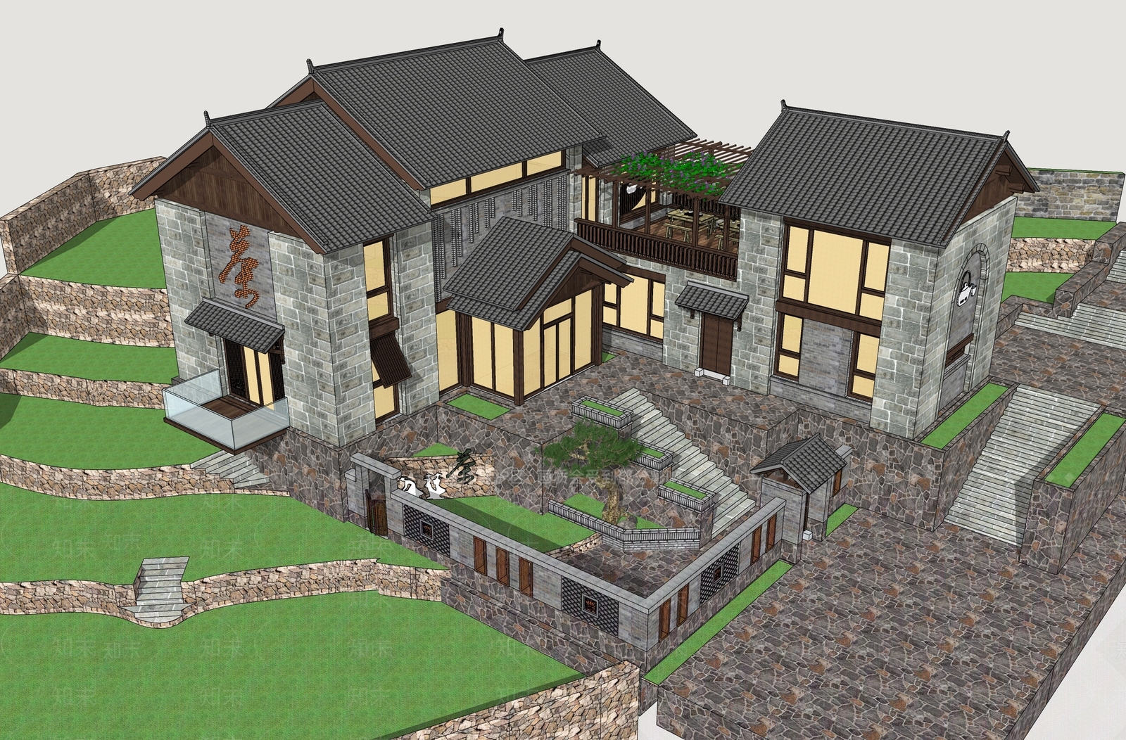 新中式民宿建筑SU模型下载【ID:1233173439】