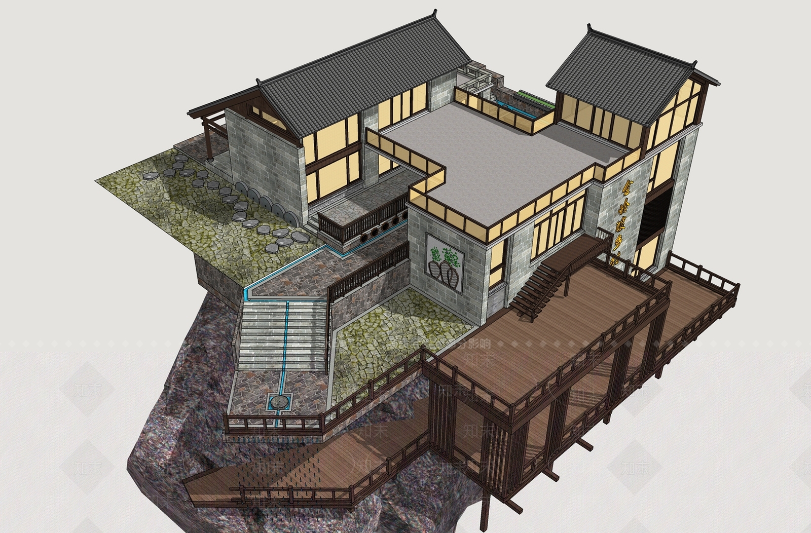 新中式景观民宿建筑SU模型下载【ID:1233173563】