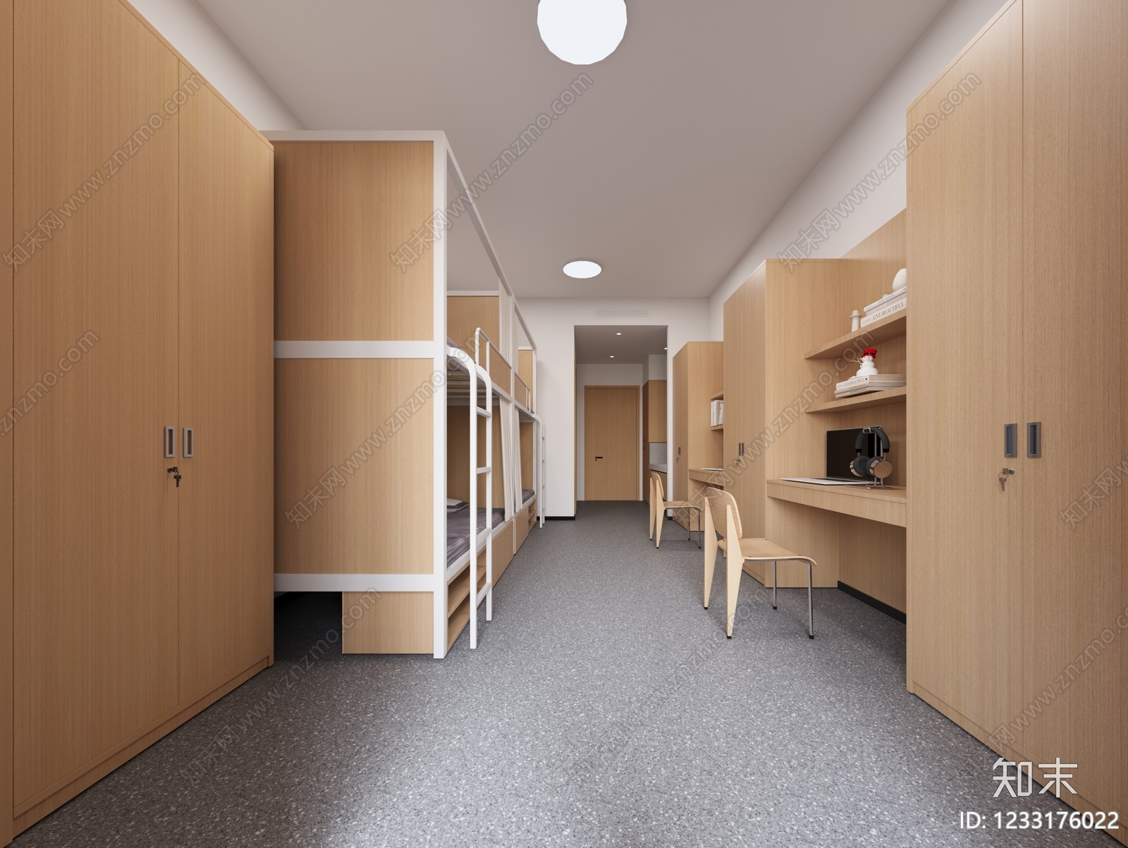 原木风学生宿舍3D模型渲染效果图