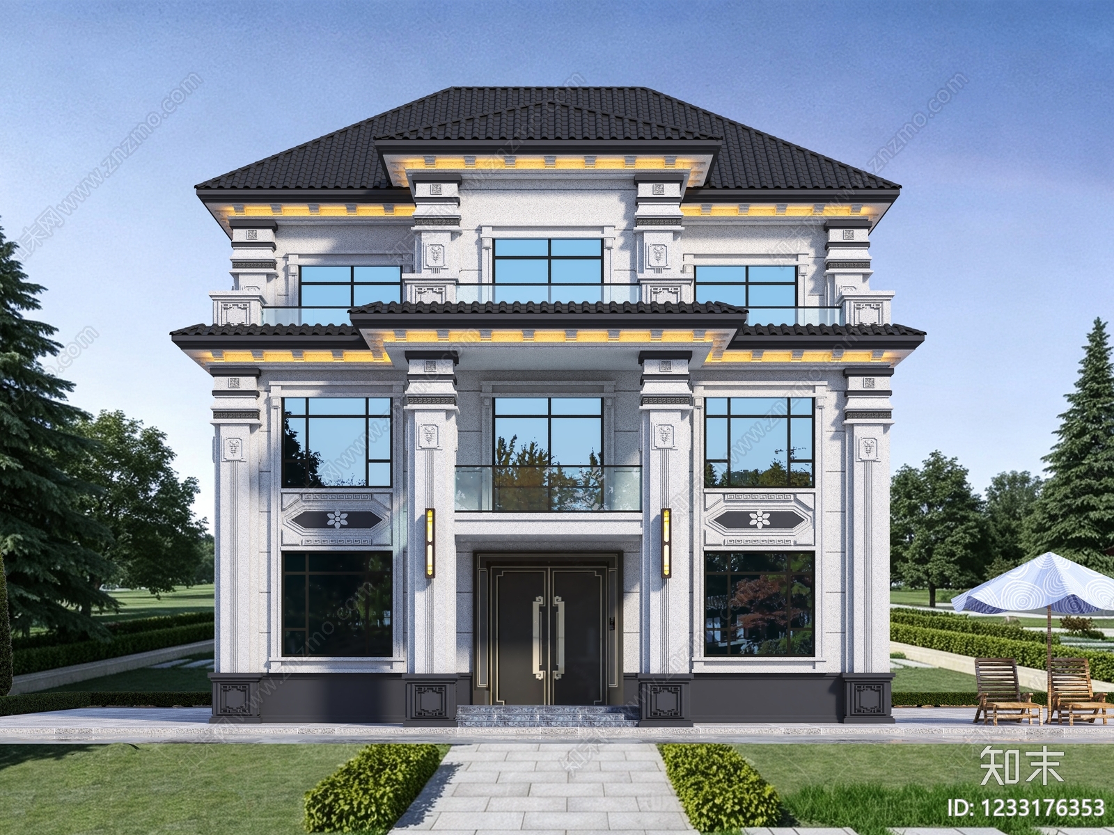 新中式别墅外观3D模型下载【ID:1233176353】