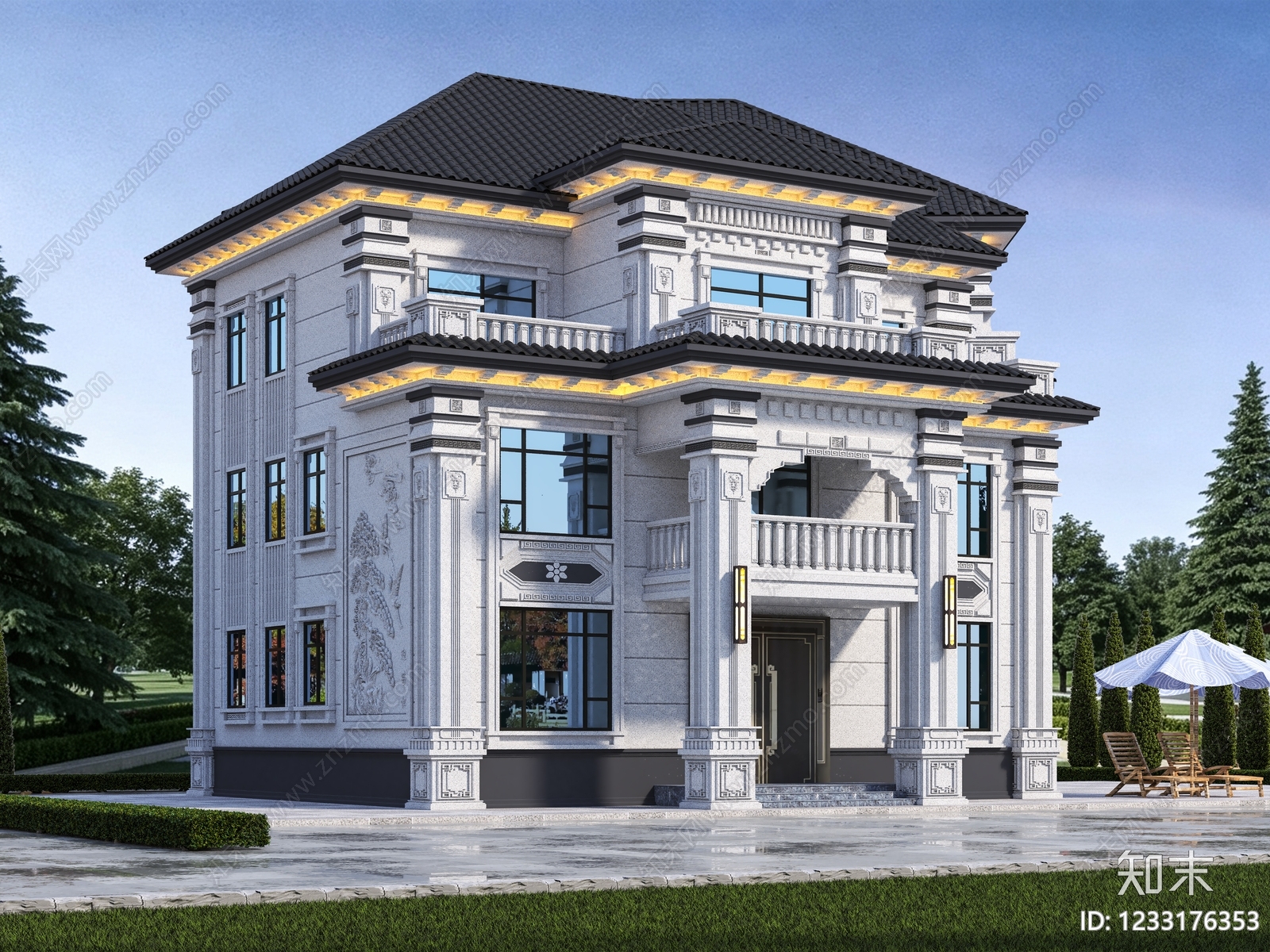 新中式别墅外观3D模型下载【ID:1233176353】