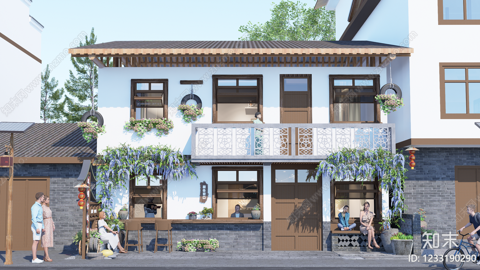 新中式景观民宿建筑SU模型下载【ID:1233190290】