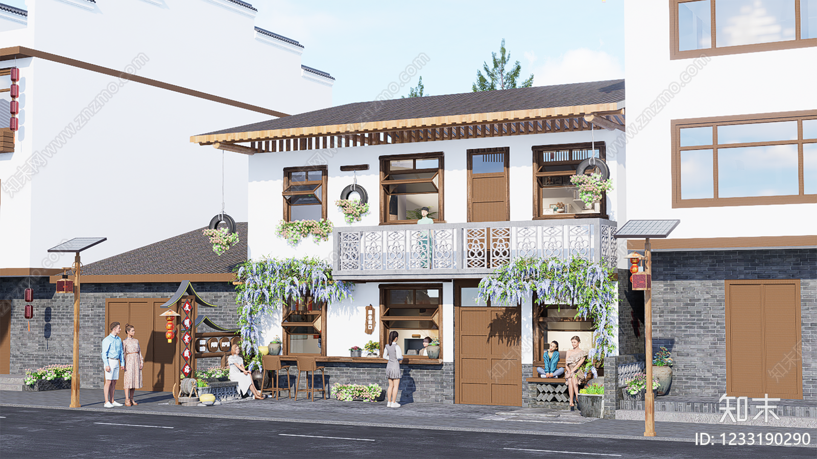新中式景观民宿建筑SU模型下载【ID:1233190290】
