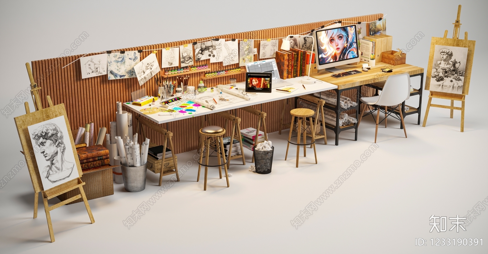 原木风画具3D模型渲染效果图