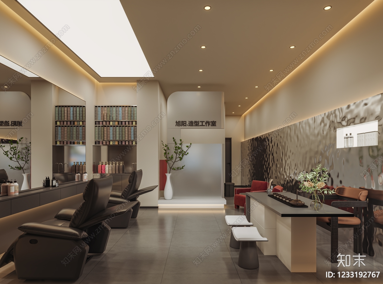 现代简约美发店3D模型渲染效果图