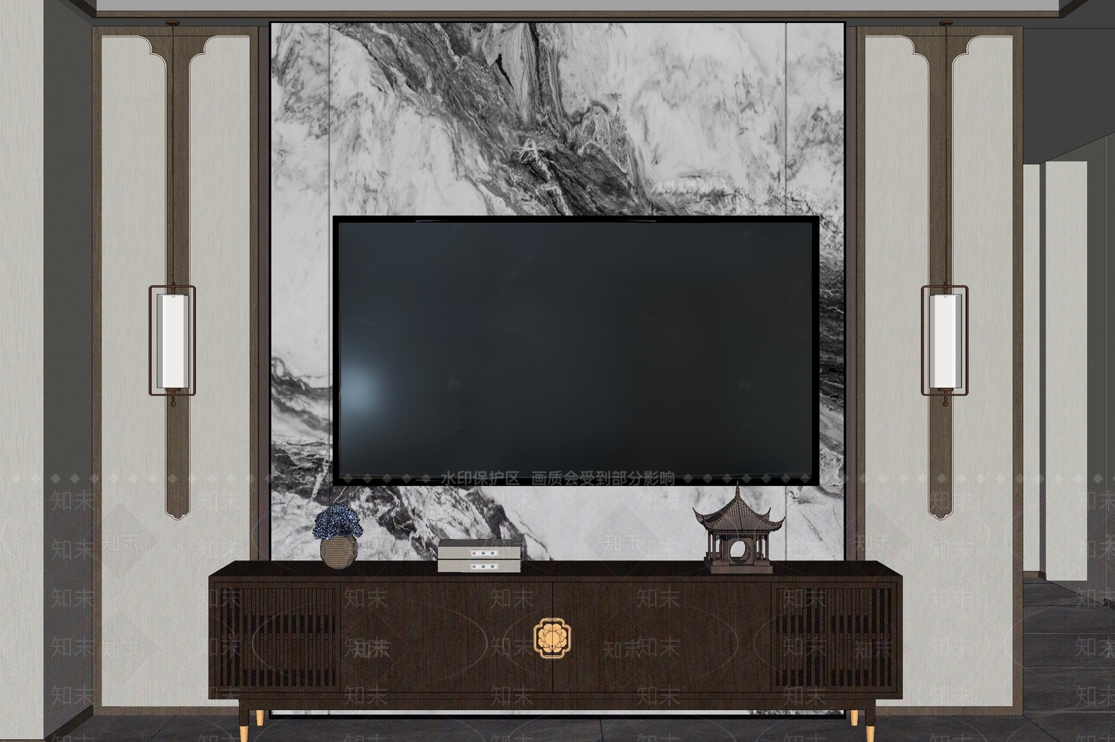 新中式电视柜SU模型下载【ID:1233207682】