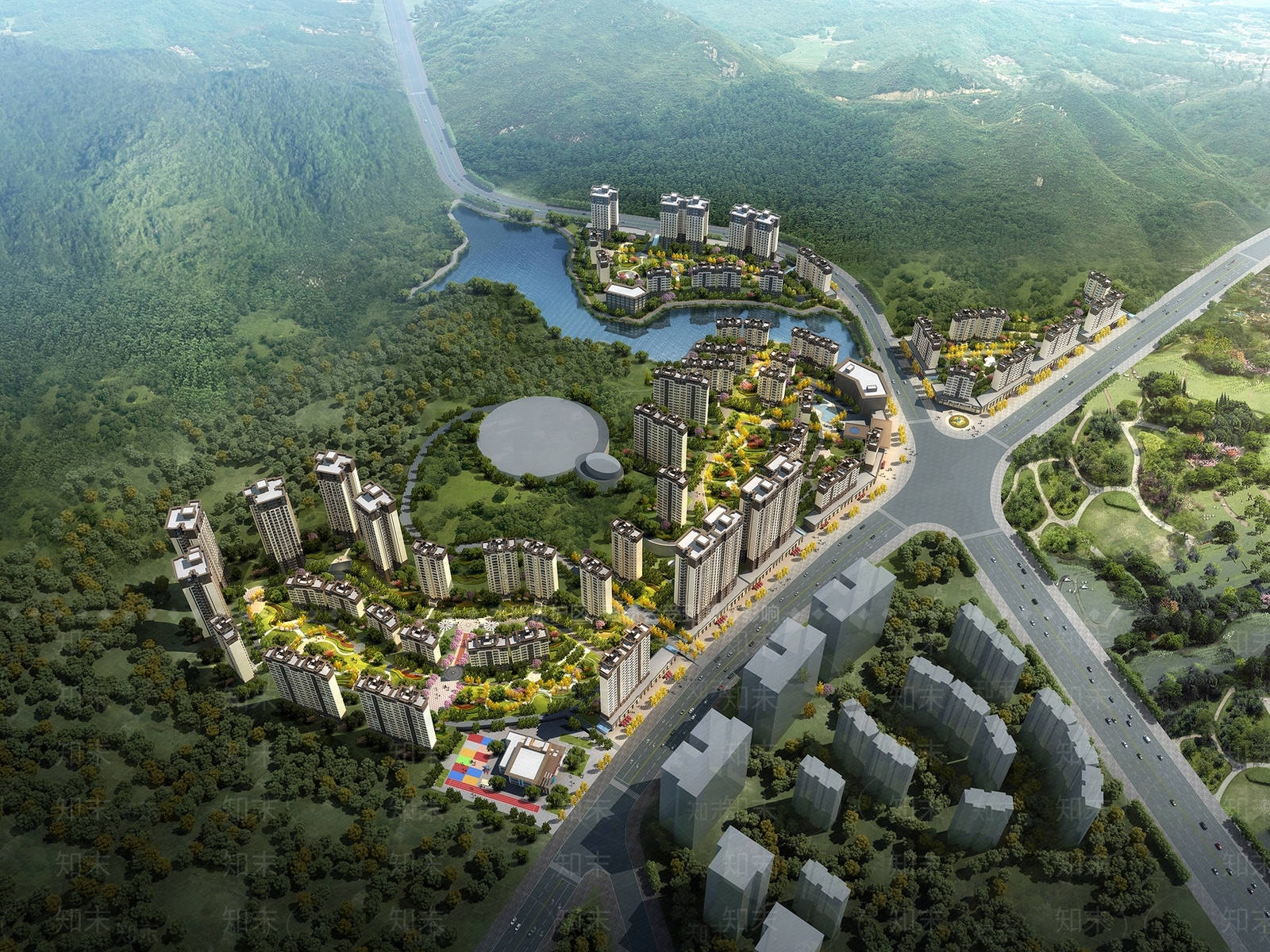 新中式景观鸟瞰规划3D模型渲染效果图