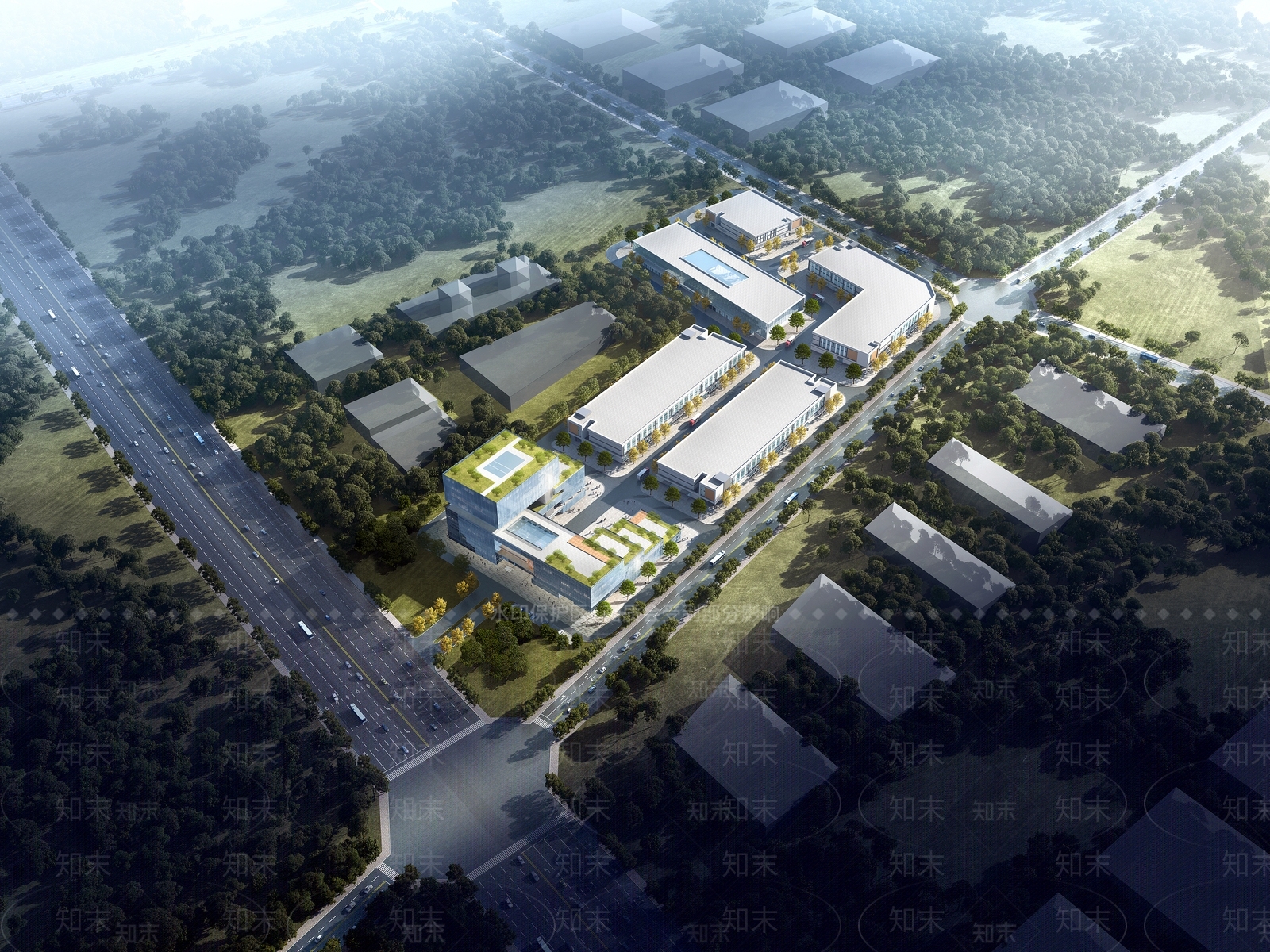 现代主义产业园办公楼3D模型下载【ID:1233272353】