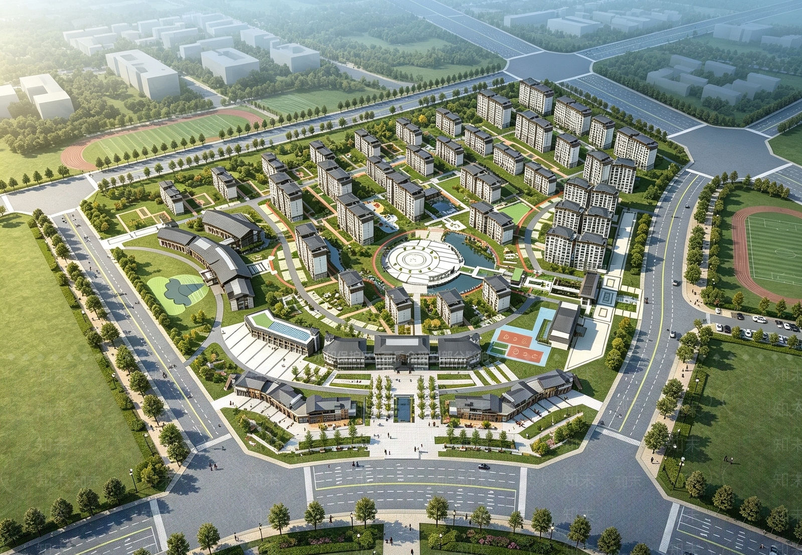 新中式景观鸟瞰规划3D模型渲染效果图
