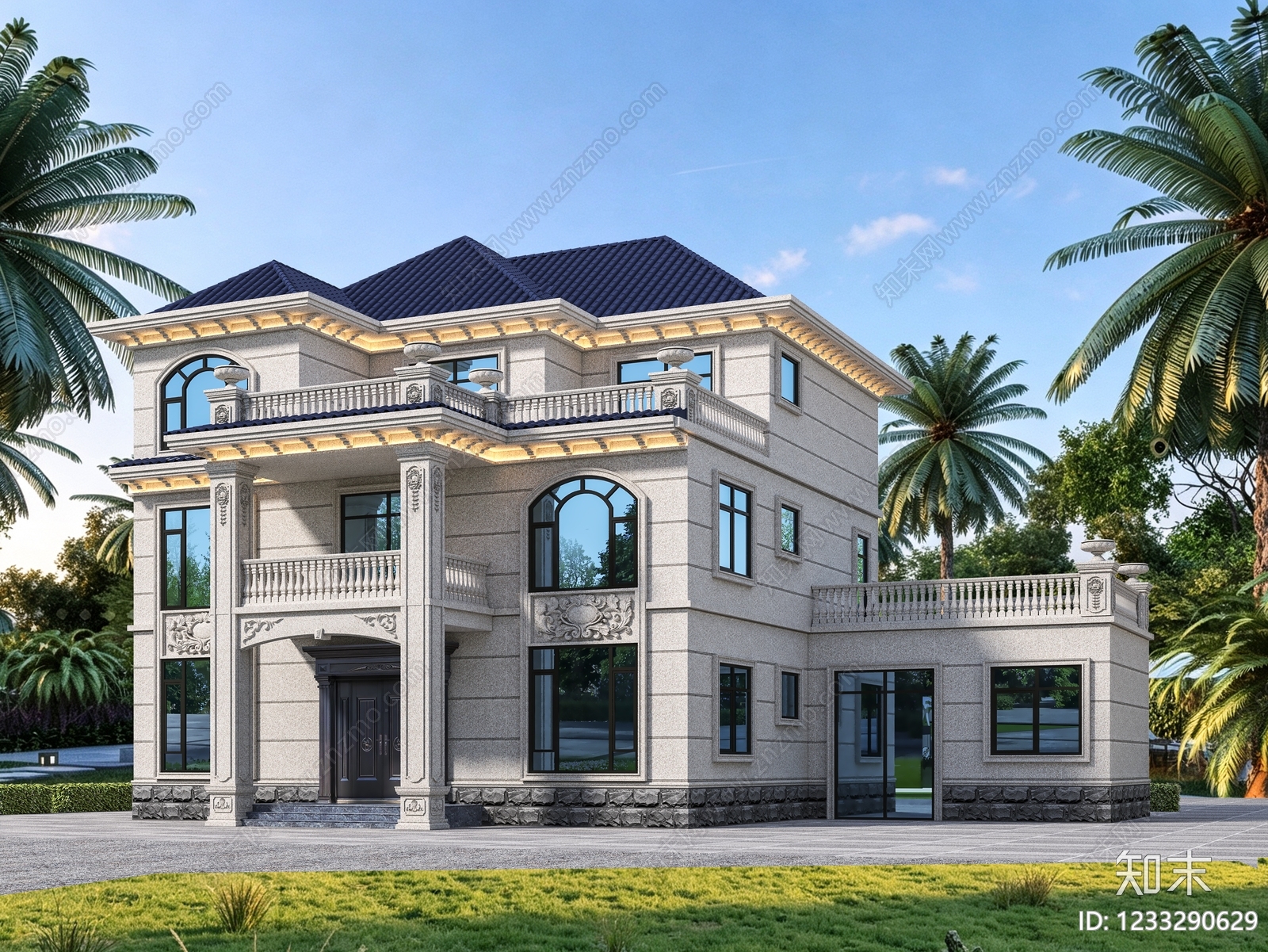 欧式别墅外观3D模型下载【ID:1233290629】