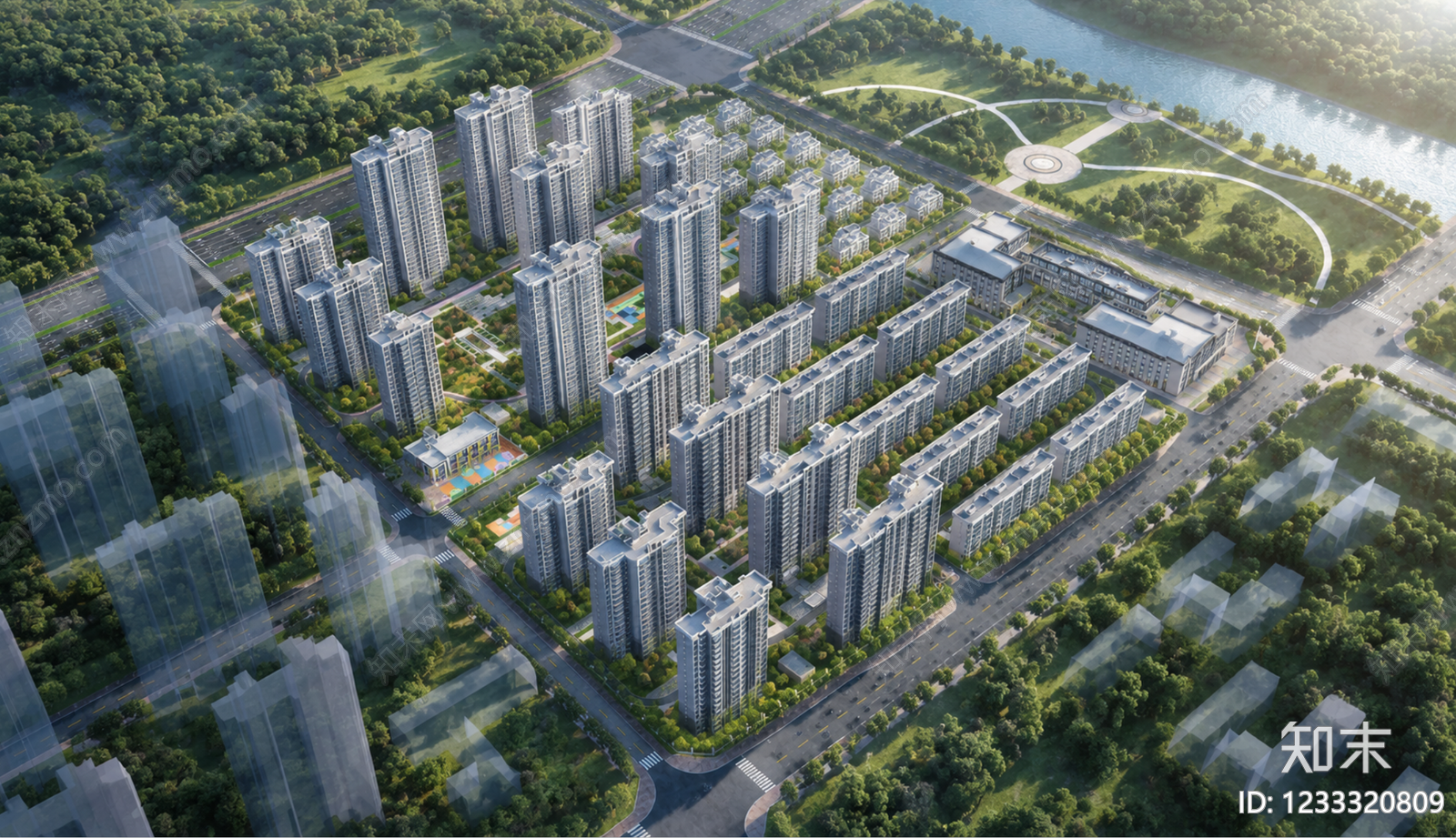 新中式小区建筑SU模型下载【ID:1233320809】