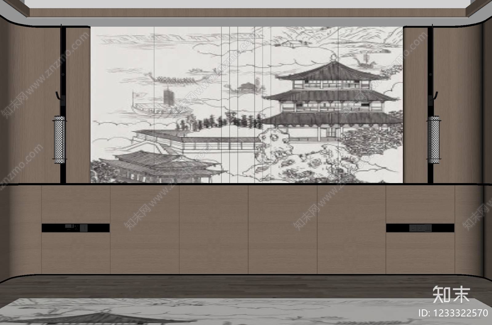 新中式背景墙SU模型下载【ID:1233322570】