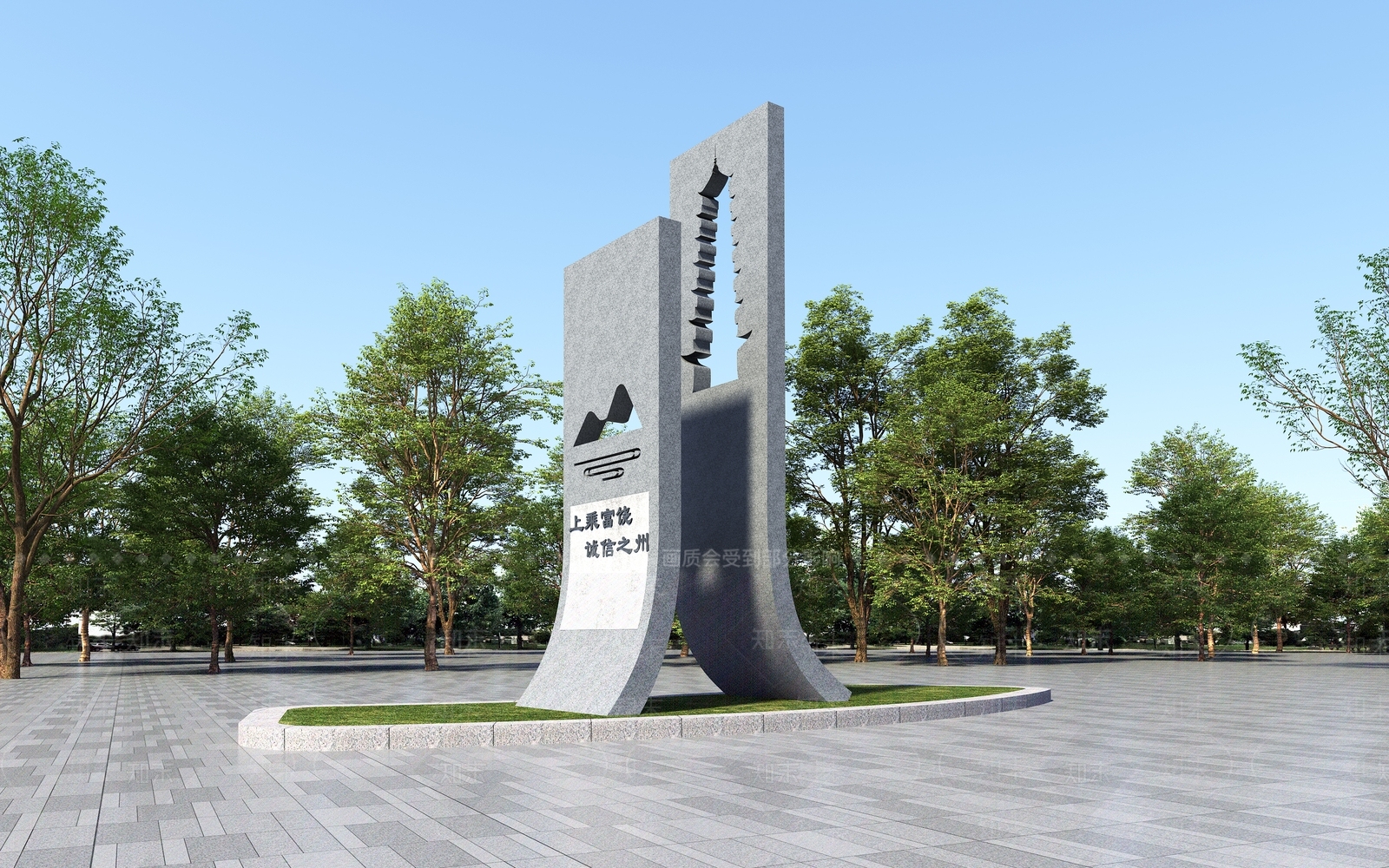 新中式景观景观雕塑3D模型渲染效果图